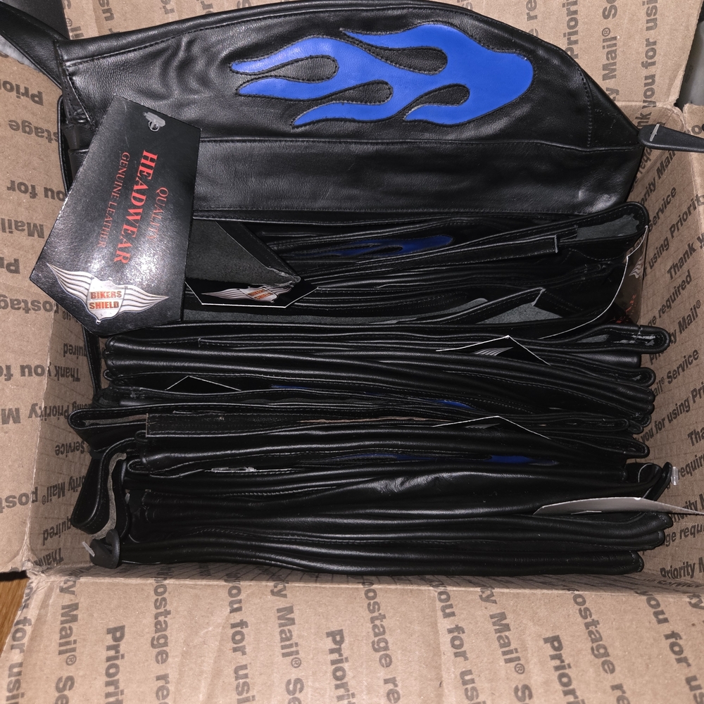 Black Leather Bikers Shield Headwrap with Blue Flame Accent